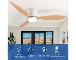 Kioki Plafondventilator met verlichting - 106cm - Afstandsbediening + App besturing - Plafond Lamp - Hout (look) - Slaapkamer - LED - Timer - 6 standen - Plafonniere