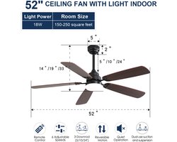Klassieke plafondventilator van 52 inch met dimbare ledverlichting, 6 snelheidsstanden, 5 bladen, afstandsbediening en gelijkstroommotor.