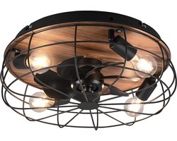 LED Plafondlamp met Ventilator - Plafondventilator - Trion Turbind - E27 Fitting - Afstandsbediening - Rond - Mat Zwart/Bruin - Aluminium