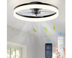 Lichtendirect- Plafondventilator met verlichting - Smart Lamp - 6 Standen Ventilator – Plafonniere lamp - Woonkamerlamp - Dimbaar -Afstandsbediening- APP functie- Zwart