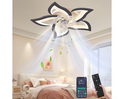 Lotus Plafondventilator 5 bladen met Lamp - 69 CM - Smart LED met Afstandsbediening en App - Dimbaar - 6 Snelheden - Moderne Ventilatorlamp - Zwart
