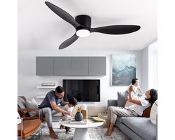 LuxiLamps - 3 Blad Plafondventilator - Moderne LED Ventilator Lamp - 6 Snelheden - Bedienbaar Met Afstandsbediening - 132 cm - Zwart - Woonkamerlamp