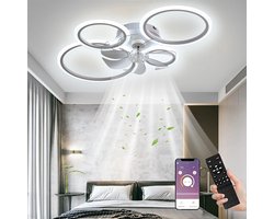 LuxiLamps - 4 Ringen LED Plafondventilator - Wit - 6 Snelheden - Smart lamp - Dimbaar Met Afstandsbediening & APP - Moderne Cirkel Ventilator Licht - Kroonluchter Ventilator