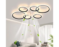 LuxiLamps - 6 Ringen LED Plafondventilator - Zwart - 6 Snelheden - Smart lamp - Dimbaar Met Afstandsbediening & APP - Moderne Cirkel Ventilator Licht - Kroonluchter Ventilator