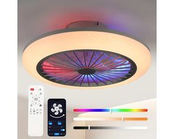 LuxiLamps - LED Ventilator Plafondlamp - Smart Lamp Plafondventilator - RGB - 12 Kleuren - Met Dimmer - 50 cm - 6 Standen Ventilator - Keuken Lamp - Woonkamerlamp - Moderne Lamp