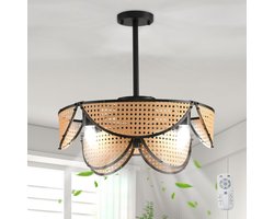 LuxiLamps - Rotan Plafondventilator - 4 Lampen - Bedienbaar Met Afstandsbediening & APP - 6 Standen - Zwart - 50 cm - Moderne Bamboe Ventilator