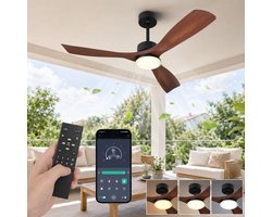 MUPOO Moderne Plafondventilator met Lamp Ø132 cm - Houtlook Bladen - LED Dimbaar Ventilator Lamp - Afstandsbediening & App - 6 Snelheden - Stille DC Motor - plafondventilator slaapkamer voor keuken/Woonkamer
