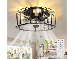 MUPOO Plafondventilator met verlichting Industrieel - Zwart Caged Design - Met Afstandsbediening - 6 Snelheden - Timer - Zomer/Winter functie - Ø32 cm - Stil - met 4x LED Lampen - voor Woonkamer Slaapkamer Patio