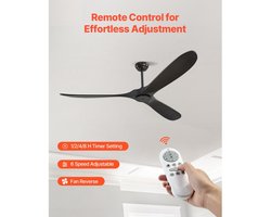 Plafondventilator 180 cm - Zonder Licht - 6 Snelheden met Afstandsbediening - 3 Houten Bladen - Omkeerbare DC-motor - Binnen en Buiten - Zwart