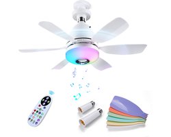 Plafondventilator met Lamp door MMOBIEL – LED Plafondventilator met Bluetooth Speaker, E27 Fitting, RGB Licht, Dimbaar 3000K-6500K, Muzieksync, 3 Snelheden, 2x6 Bladen, Afstandsbediening – Wit