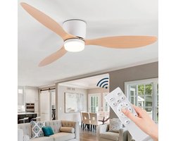 plafondventilator met lamp Ø105cm met 3 bladen – hout design – energiezuinig – afstandsbediening inbegrepen – geschikt voor lage plafonds – 6 snelheden – zomer- en winterstand – topkwaliteit alternatief voor airco
