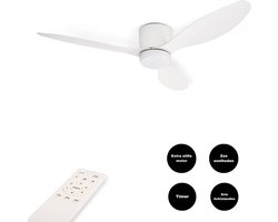 Plafondventilator met Verlichting | ø 132 cm | Extra Stil: <25 dB | met Afstandsbediening | Timer | 6 snelheden | Wit | Ideaal voor Lage Plafonds