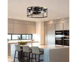 Re-purelife® Zwarte 50cm Industriele Plafondventilator Met Kooi Design & Dimbare LED Licht - 7 ABS Bladen, Afstandsbediening, Stille DC Motor (<35 dB), Reversibel, Voor Binnen & Buiten, Woonkamer, Slaapkamer