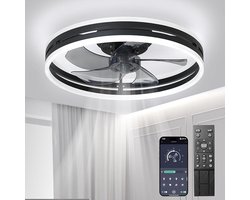 Thuys- Stille Plafondventilator met Dimbare LED Lamp – Afstandsbediening & App – 6 Snelheden – Zwart 40 cm