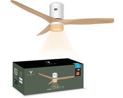 Varin® Smart Ventilator met LED verlichting - Wit/Naturel - Tuya Wifi - LED CCT - Lange bladen - Ø 132cm - 6 snelheden - Super stil 20dB - Met afstandsbediening en app - Ventilatorkachel - Ventilatoren plafond - Verkoeling en verwarming