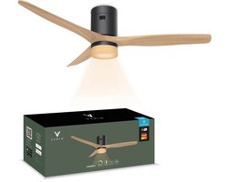 Varin® Smart Ventilator met LED verlichting - Zwart/Naturel - Tuya Wifi - LED CCT - Lange bladen - Ø 132cm - 6 snelheden - Super stil 20dB - Met afstandsbediening en app - Ventilatorkachel - Ventilatoren plafond - Verkoeling en verwarming