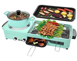 Equal to None - Multicookers - 3-in-1 Elektrische Grill - Grill apparaat - Bakplaat elektrisch - 2200W - Pot 2,5 liter - Antiaanbaklaag - 3 warmtestanden - Uittrekbare oliecollector - 2–3 personen - 51,2 × 24,5 × 9,5 cm - Blauw