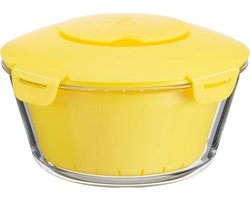 Rijstkoker voor Magnetron 2,2 L - Glas met Kunststof Mand en Antislip Deksel - Geel