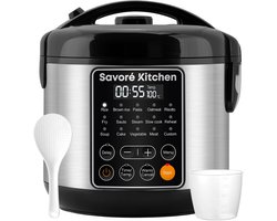 Savoré Kitchen Rijstkoker met Stomer – 3L – 14 Programma’s – Multicooker – Rice Cooker – Slowcooker – PFAS Vrij – Zwart RVS