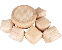 Set van 6 Handgemaakte Bamboe Stoommanden voor Kleefrijst - Traditioneel Thais Serveergerei