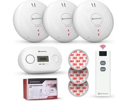 Deprendo Brandpreventieset met 3 Rookmelders en 1 Koolmonoxidemelder - Met afstandsbediening - 10 Jaar Batterij - 3M Magneet Montage - Zonder Boren - Koppelbare Brandalarm en CO melder - Draadloos