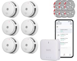 SAVS LinkSmart Slimme Rookmelder bundel zonder boren - 6 S10-W Rookmelders en G10 Base Station - Met magneet montage - Werkt via app - WiFi gateway - Draadloos RF koppelbaar - Brandalarm - Smart home