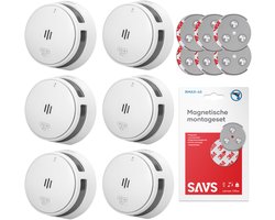 SAVS S10 Rookmelder 6-pack - 6 Rookmelders - 10 jaar batterij - Met magneet montage - Compact design - Voldoet aan Europese norm - Infrarood sensor - Brandalarm zonder boren