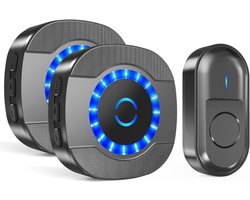 Aurixi® Draadloze deurbel set met 2 plug-in-ontvangers - 300 m bereik - buiten waterdicht - huisdeur - led-knipperlichten - 5 volumeniveaus - 55 beltonen Deurbel - Zwart - 8cm x 8cm x 7cm