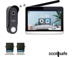 Doorsafe 4650 PRO | HD draadloze camera deurbel | 7″ touchscherm | Draadloos, langer bereik (868Mhz) | Deurbel op stroom of uitneembare 7000mAh accu | Hoog resolutie beeld | Duplex audio | PIR bewegingssensor | Draadloze unlock & gong module | 32Gb