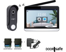 Doorsafe 4651 + Voeding | HD draadloze camera deurbel | 7″ touchscherm | Draadloos, langer bereik (868Mhz) | Deurbel op stroom / uitneembare 7000mAh accu | HD beeld | Duplex audio | PIR bewegingssensor | Draadloze unlock & gong module | 32Gb