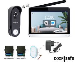 Doorsafe 4652 + draadloze gong | HD draadloze camera deurbel | 7″ touchscherm | Draadloos, langer bereik (868Mhz) | Deurbel op stroom of uitneembare 7000mAh accu | Hoog resolutie beeld | Duplex audio | PIR bewegingssensor | Draadloze unlock | 32Gb