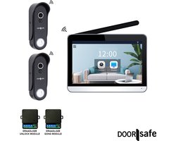 Doorsafe 4653 PRO + 2 x buiten-unit | HD draadloze camera deurbel | 7″ touchscherm | Draadloos, langer bereik (868Mhz) | 2 x Deurbel op stroom of uitneembare 7000mAh accu | Hoog resolutie beeld | Duplex audio | PIR bewegingssensor | 32Gb