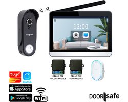 Doorsafe 4657 + WIFI & APP + Extra draadloze Gong - HD draadloze internet camera deurbel + 7" Touchscherm - deurbel op accu of stroom - draadloos, langer bereik - scherm verbinden via 2,4 / 5Ghz WiFi & app - PIR bewegingssensor - 32Gb SD-kaart