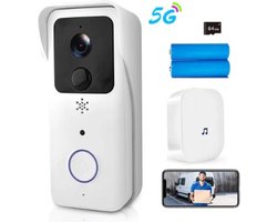 Draadloze WiFi videodeurbel met bel - 1080P HD - Slimme videodeurbel met camera - 5G - Werkt op batterijen - PIR Bewegingsdetectie - Nachtzicht - 2-weg audio-ondersteuning - 64GB SD kaart