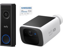 eufy C30 2K Draadloze Video Deurbel 2K FHD - Accu Zwart + SAMSUNG MicroSDXC 64GB PRO + Eufy S220 SoloCam 2K Draadloze Solar Beveiligingscamera - Bundel