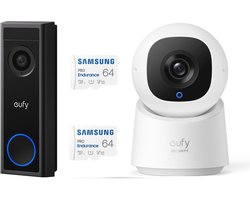 eufy Security C30 2K Draadloze Video Deurbel 2K FHD - Accu Zwart + eufy Security C220 indoorcam + 2X SAMSUNG MicroSDXC 64GB PRO - Bundel