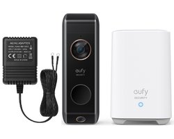 eufy Video Deurbell Dual 2 Pro met HomeBase 2 - 2K-resolutie - Doorbell - dubbele camera's - pakketdetectie - gezichtsherkenning - draadloze installatie + Hoogwaardige AC/AC Adapter – met 6 meter kabel