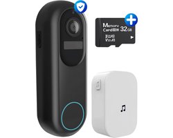 HB Video Deurbel met Camera WiFi - Draadloos op Accu met 2K Ultra HD Full HD Camera - Slimme Deurbel Inclusief Binnenbel & SD kaart (32GB) - Waterdichte Deurbel - Zwart - T Ring