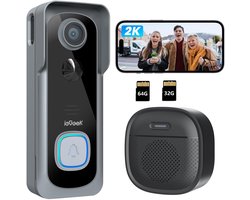 ieGeek J1 2K Draadloze Video Deurbel - 2K FHD - Accu Grijs - Op batterijen - Eenvoudige installatie - Live videogesprek - Mens- en bewegingsdetectie - Geen abonnementskosten - Incl. 64GB 32GB SD