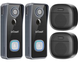 ieGeek Security Bell J9 Video Deurbel - Add-on - Video Doorbell - Cam technologie, 2K Resolutie Full HD - resolutie, kleur nachtzicht - Draadloos/Batterij - Live videogesprek, 24/7 opname, Mens- en bewegingsdetectie - Waterdicht - 2 Stuks