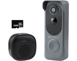 Quality4Less™ - Slimme Draadloze Video Deurbel met camera - 3MP Ultra HD - Wifi deurbel - Zonder abonnement - Incl. draadloze gong en 32GB SD-Kaart - (T-ring geluid) - Grijs