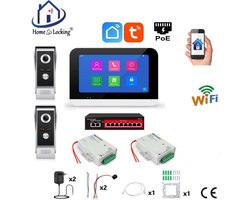 Smart WIFI deur intercom/videofoon 2 videodeurbellen en 1 touchscreen + 2 x elektrisch deurslotvoedingen. T-2301V-2-1
