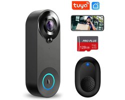 Tuya Video deurbel met Camera + WiFi | Bewegingssensor | Draadloos op Accu (9600 mAh) | 1080P Inclusief draadloze Gong en 128GB SD-kaart | Slimme Deurbel
