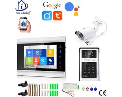 WIFI videofoon/intercom met 1 deurbel camera + 1 binnen paneel/scherm + camera en kan werken met spraak gestuurde apps. T-2103VC