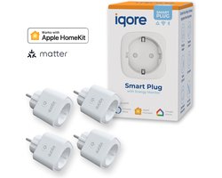 Iqore® Slimme stekker - Voor APPLE HOMEKIT zonder HUB - incl. MATTER ondersteuning - 16A - Energiemeter - Stekker met timer - Smart plug - WiFi schakelaar - Tijdschakelaar - Smartplug - Tussenstekker - Siri - Google Home, Spraakgestuurd - 4 stuks