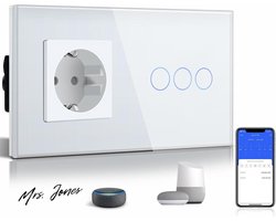 Mrs. Jones Slimme 1-weg touch-schakelaar met 3 knoppen en wifi standaard geaard stopcontact compatibel met Alexa Tuya Smart Life nulleider vereist wit .