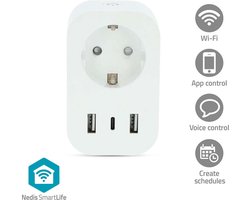 Nedis SmartLife Slimme Stekker – Smart Plug – WiFi – Energiemeter & Tijdschakelaar – 3680W – App & Spraak – iOS / Android – 1 Stuk