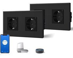 Slimme Wifi Stopcontacten Dubbel Zwart Glas Bediening via App en Spraakassistent (2 Stuks)