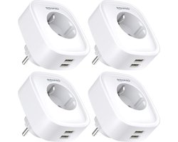 WiFi Smart Socket with Energy Monitor - 16A, Dual Alexa Socket, Programmable Timer Function - App Control - Compatible with Alexa/Google Home - Pack of 4