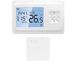 Draadloze Thermostaat - Programmeerbare Monobloc Thermostaat - Met RF Ontvanger 10A - LCD Display - Vlamvertragend Huisthermostaat - Wit - 135x23.2x87.5mm - 1 Set